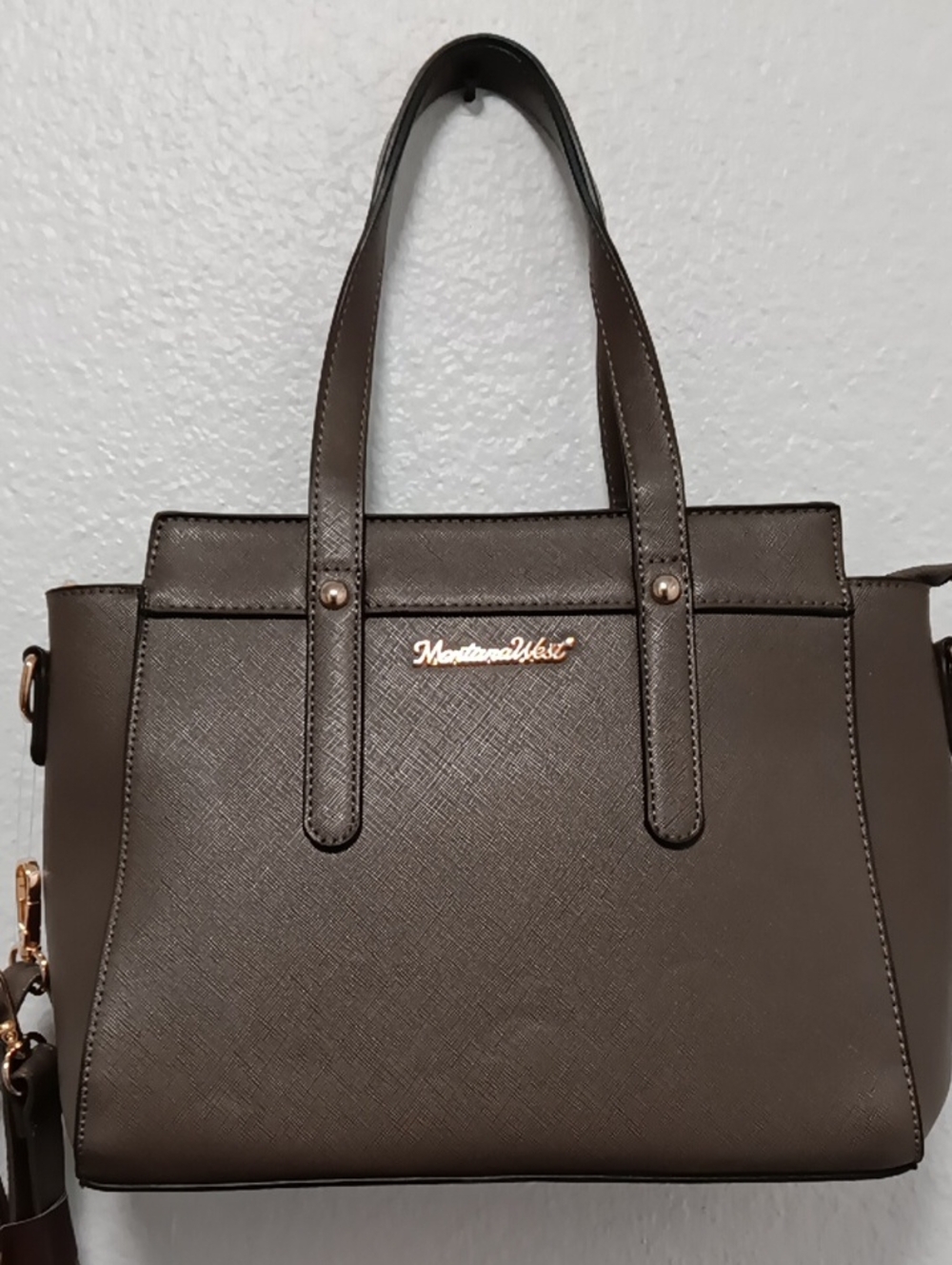 Montana West Light Brown Saffiano Tote with Gold Hardware